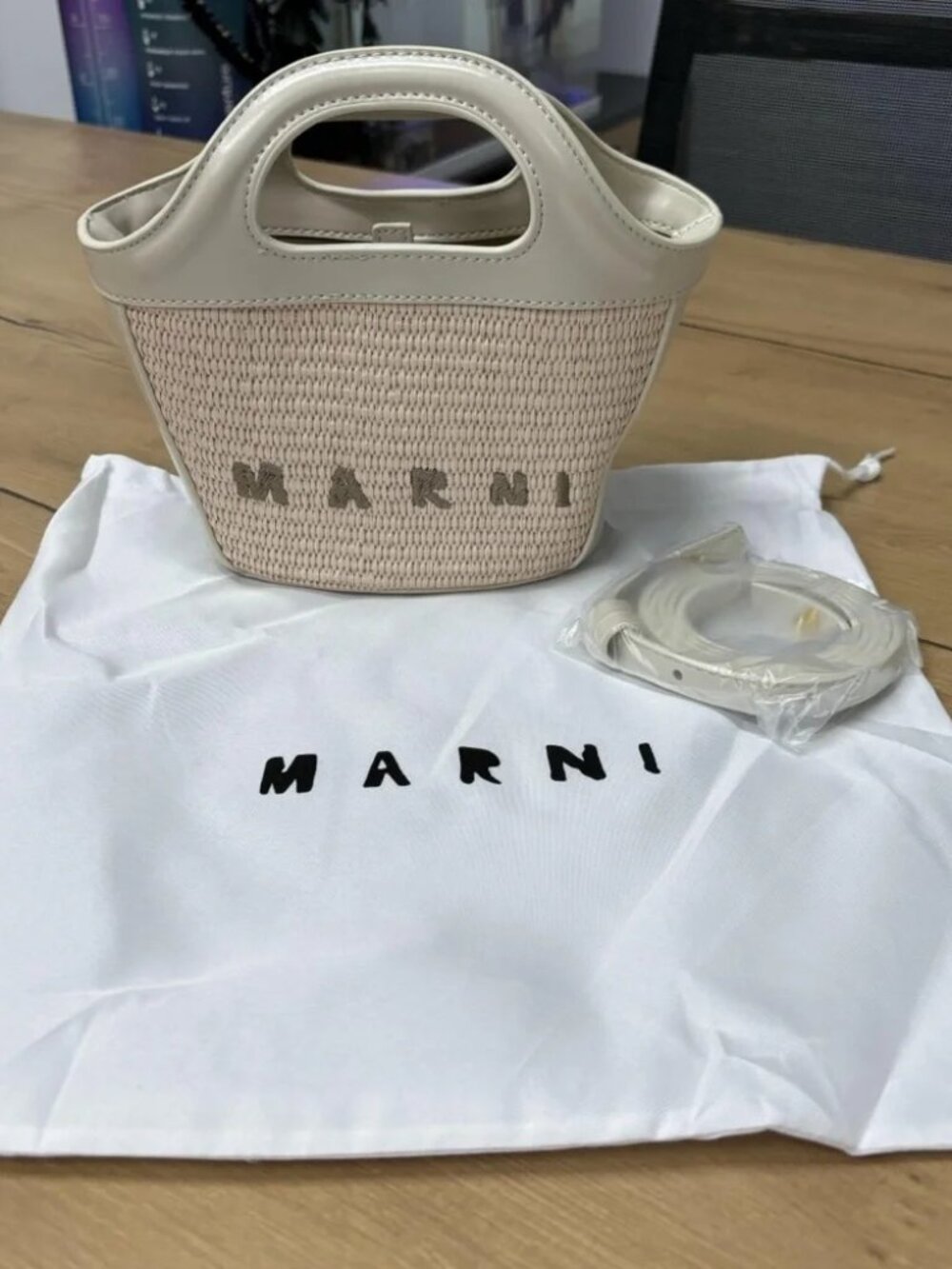 MARNI Cream Raffia Woven Basket Bag With Crossbody Strap